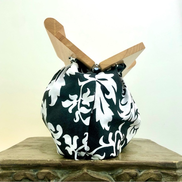 Floral Large Clutch Wooden Hand Bag Black White Summer Spring 100% Cotton Chic - Picture 5 of 16